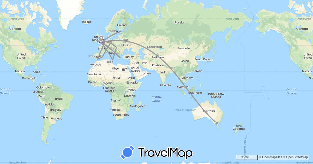 TravelMap itinerary: driving, plane, train in Australia, Belgium, Czech Republic, Germany, Estonia, Spain, United Kingdom, Greece, Hungary, Ireland, Malta, Netherlands (Europe, Oceania)